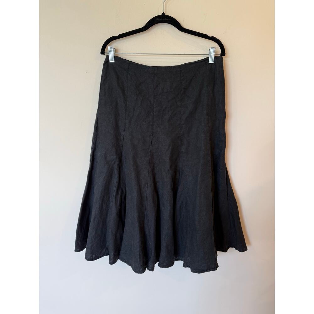 Liz Claiborne Flared Midi Skirt Women's 10 Black 100% Linen Ruffle Hem Pull On